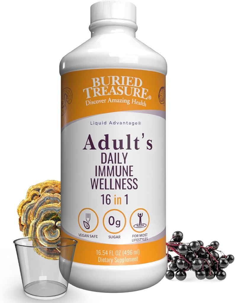 Begravet Treasure Voksen Daglig Immunwellness, 16oz med Dose Cup, Elderberry Echinacea VIT- C Zink, Mushroom Blend, Natural Immunbooster