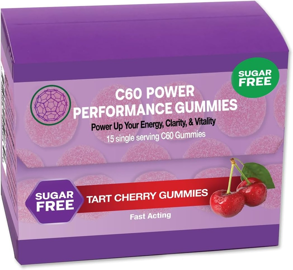 C60 Power Gummies, 1 Box med 15 Servere Sugar- Free Tart Cherry - 99,99% Ren, Sublimeret C60Carbon Fullerenes og Organic Coconut Oil, Lavet i USA, Understøtter Energy & Mental Clarity