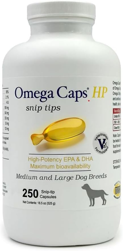 Omega Caps HP Snip Tips til mellemstore og store hunde høj potens EPA og DHA maksimal biotilgængelighed Fish Oil Supplement Vet Formuleret Lavet i USA Skin Coat fælles og hjerte sundhed 250 kapsler