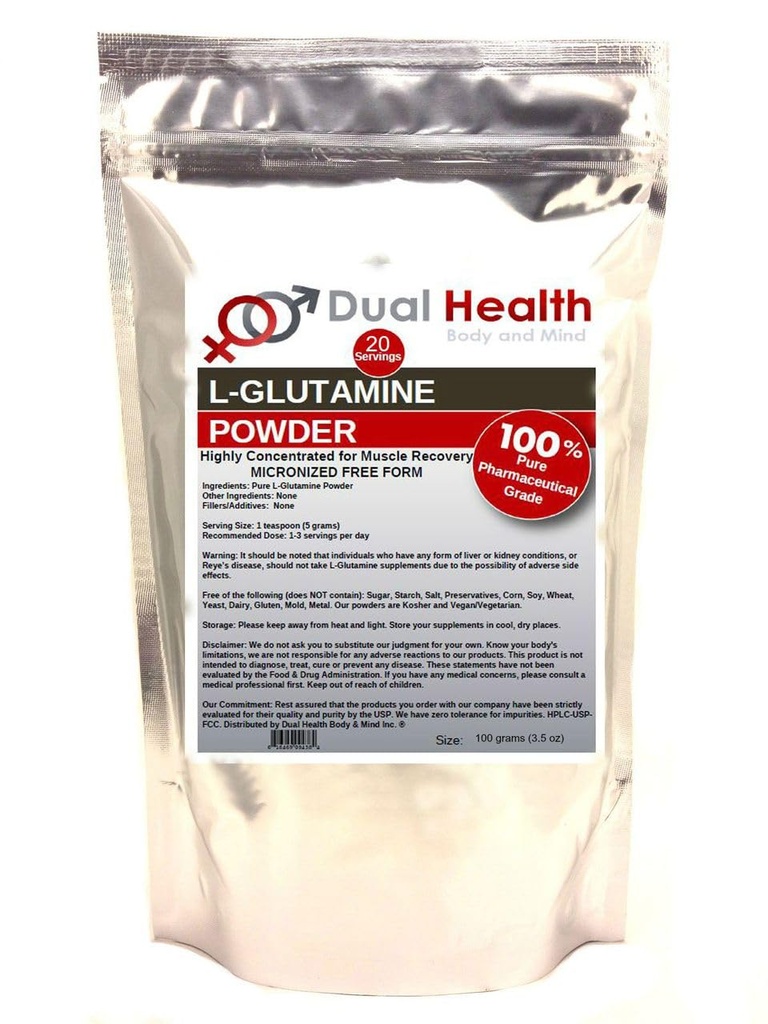 L- Glutamin (100 Grams - 3,5 oz) Pure Powder 5000mg Gratis form Bulk Kosttilskud, Lavet i USA, immunfordøjelse GI Support Leaky Gut Health Muscle Energy Stamina Endurance Styrke