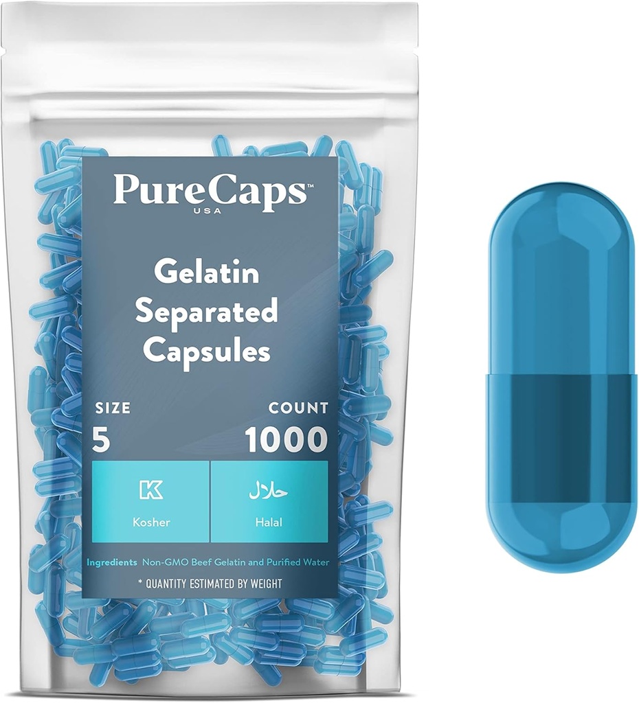 PureCaps USA - Tomme Gelatine kapsler Størrelse 5; 124; 1.000 Separated Pills