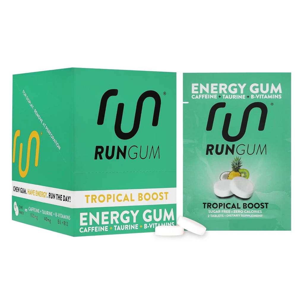 RUN GUM Tropical Boost Energy Chewing Gum 50mg Koffein Taurine & B- Vitamin Per stykke, 24 stykker (pakke med 12) Sukker fri, Zero Calorie, ingen aspartam, og Gluten fri, 1 ea