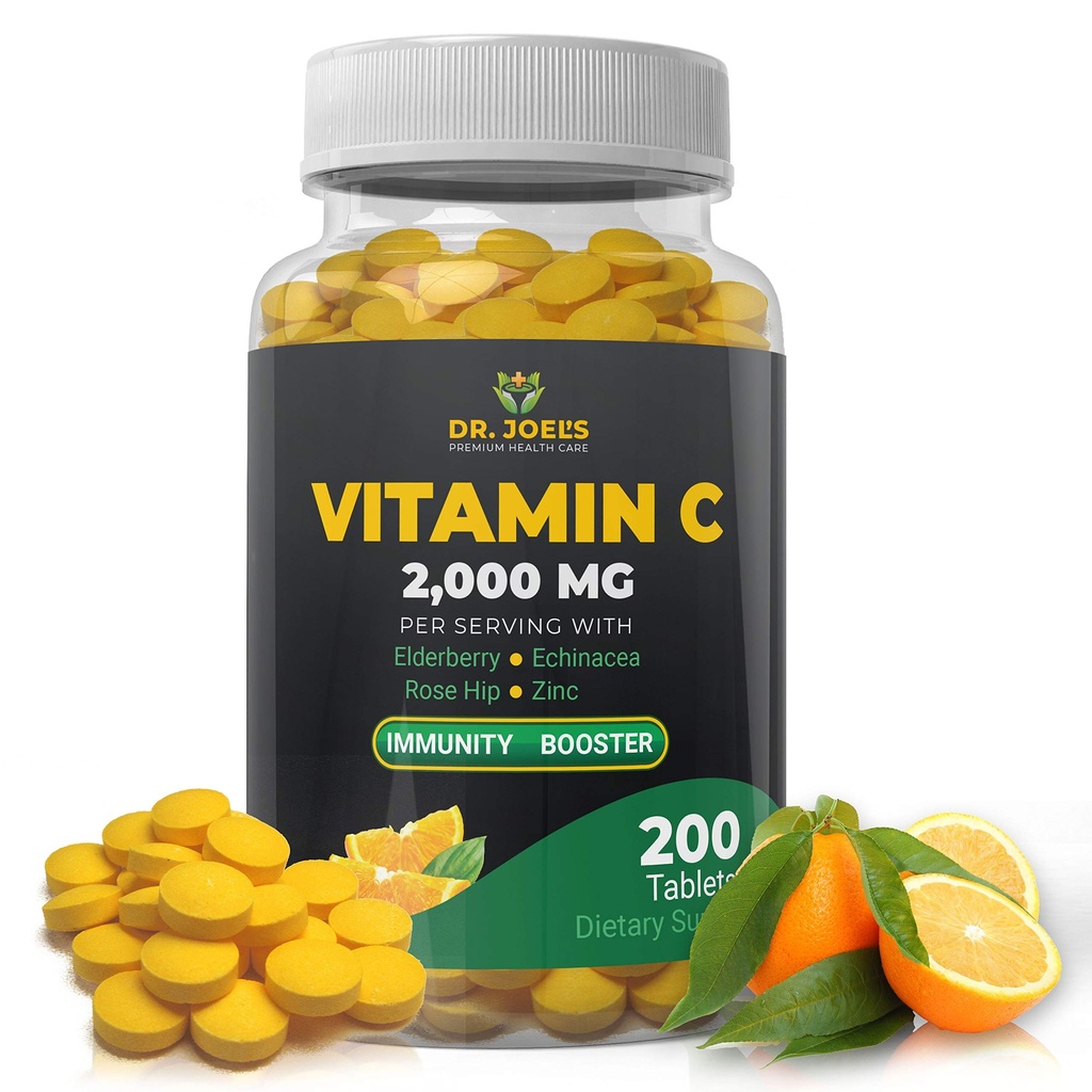 Dr. JOEL 's immunforsvar C 2000 mg - 200 tabletter - med zink, hyldebær, Rose Hip, Echinacea - Øger immunsystemet - Made in USA