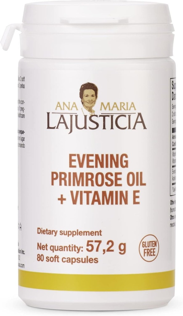 Ana Maria Lajusticia - Aften Primerose Oil + Vitamin E - 80 Soft Capsules Pack - 1000mg. Gluten Free, Lactose Free og Sugar Free. Alle naturlige.