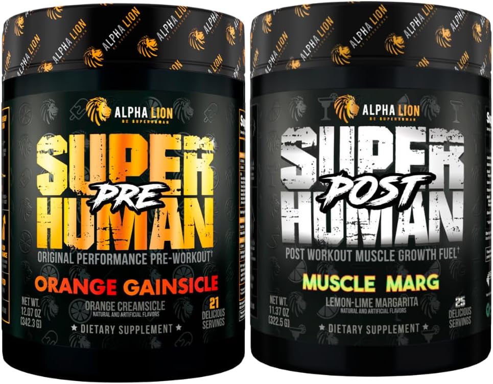LEONA LION Superhuman Pre Workout Powder & Post Workout Recovery Bundle, Vedvarende energi & Focus + Lean Muscle Growth, Strength & Volume (Hulk Juice & Gainy Smith Apple)