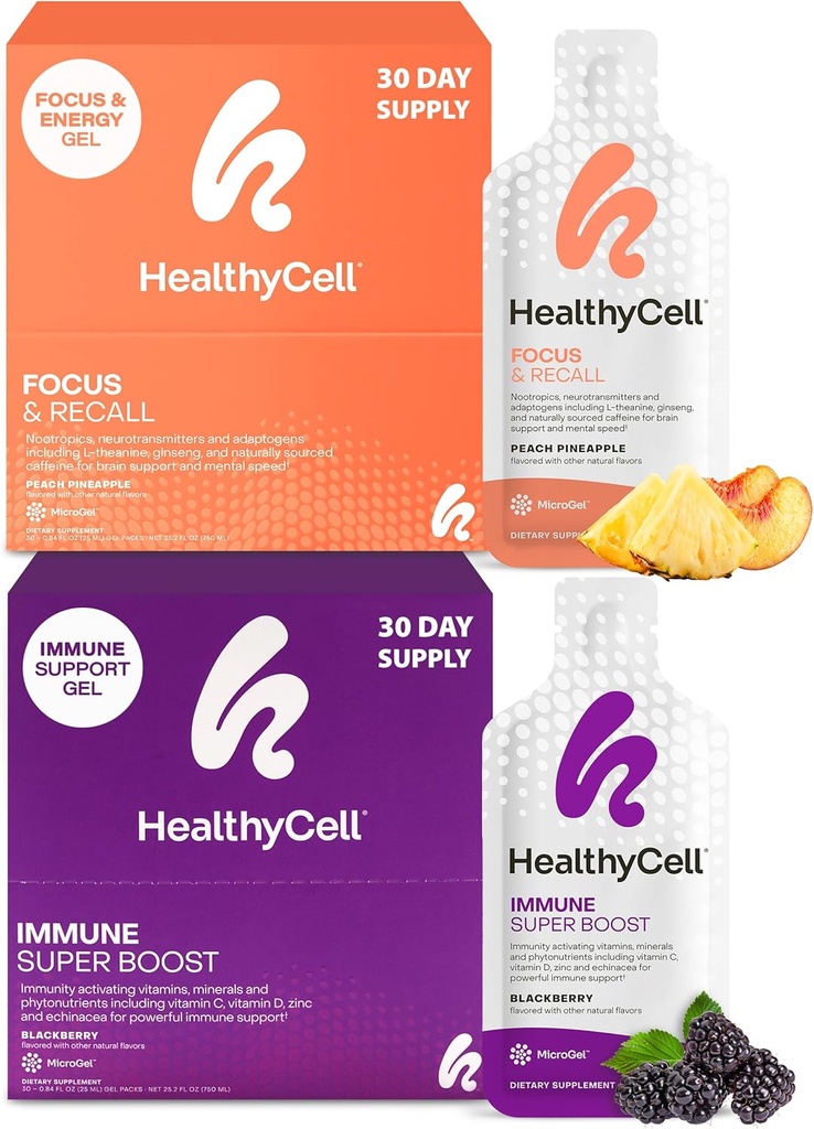 Healthycell Focus & Recall Brain Supplement til hukommelse og fokus + immun Super Boost Supplement Bundle