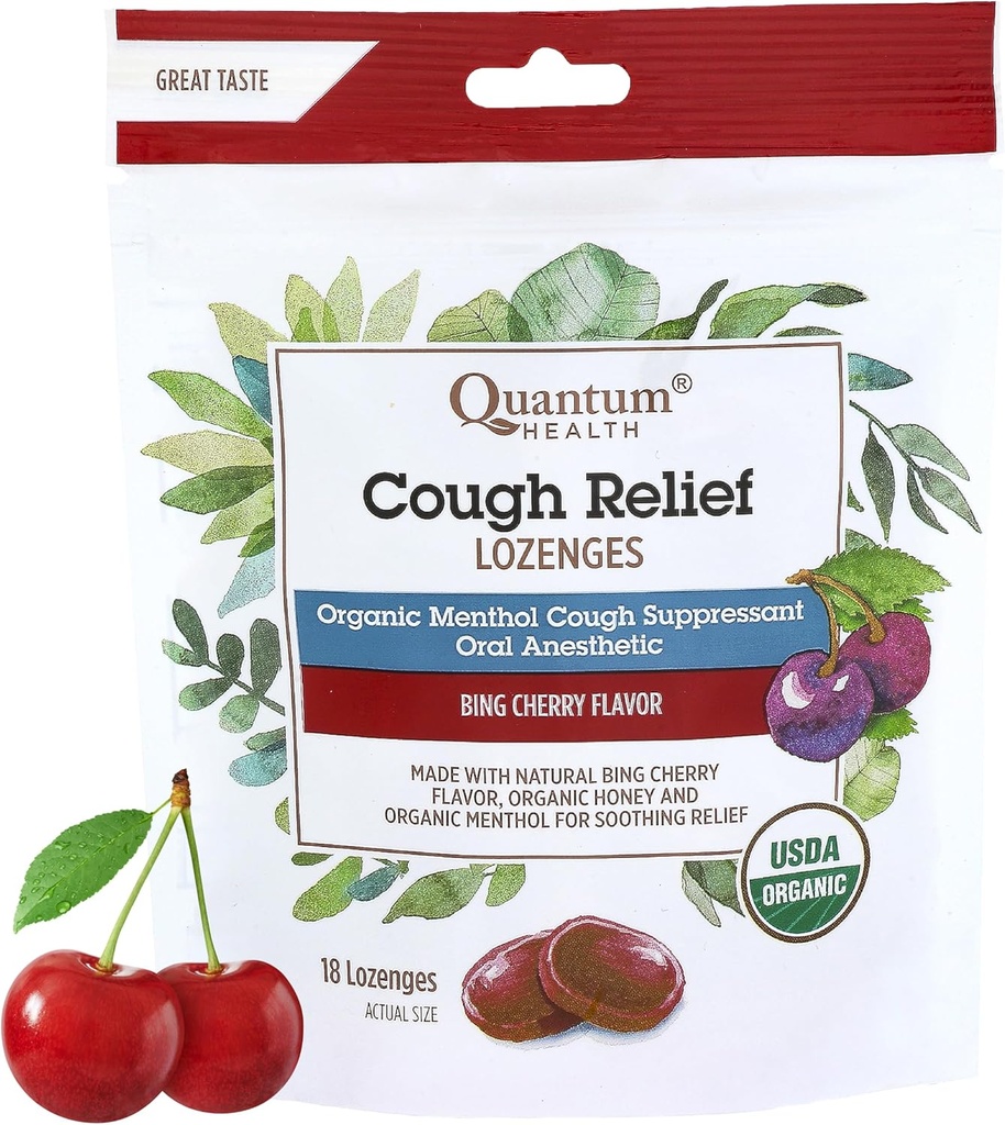 Quantum Health USDA Organic Hough Drops Menthol & Honey Throat Lozenges - Lindrende Bing Cherry Flavored Suppressant - Tør mund & Sore Throat Relief for voksne & Børn - 18 Greve