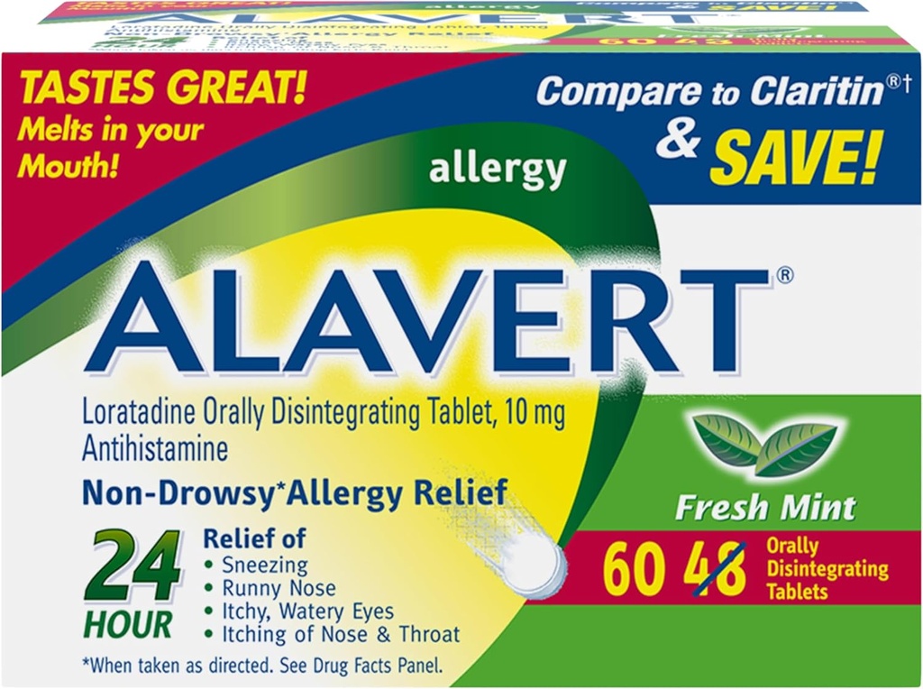 Alavert Allergi 24 timers Relief, Frisk Mint Flavor, Oralt disintegrerende Allergi tabletter, non- døsighed Antihistamin, Loratadine 10mg, 60 Greve