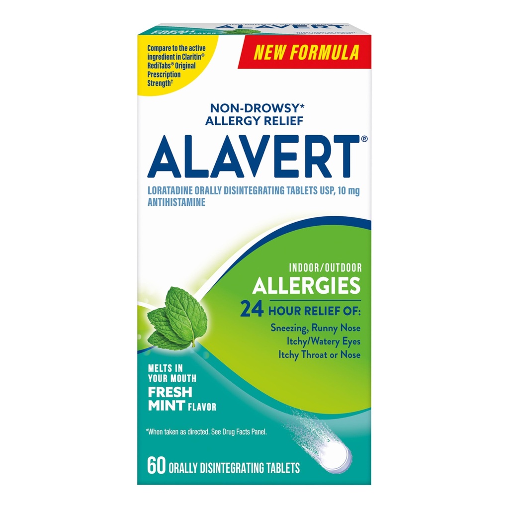 Alavert Allergi 24 timers Relief, Frisk Mint Flavor, Oralt disintegrerende Allergi tabletter, non- døsighed Antihistamin, Loratadine 10mg, 60 Greve