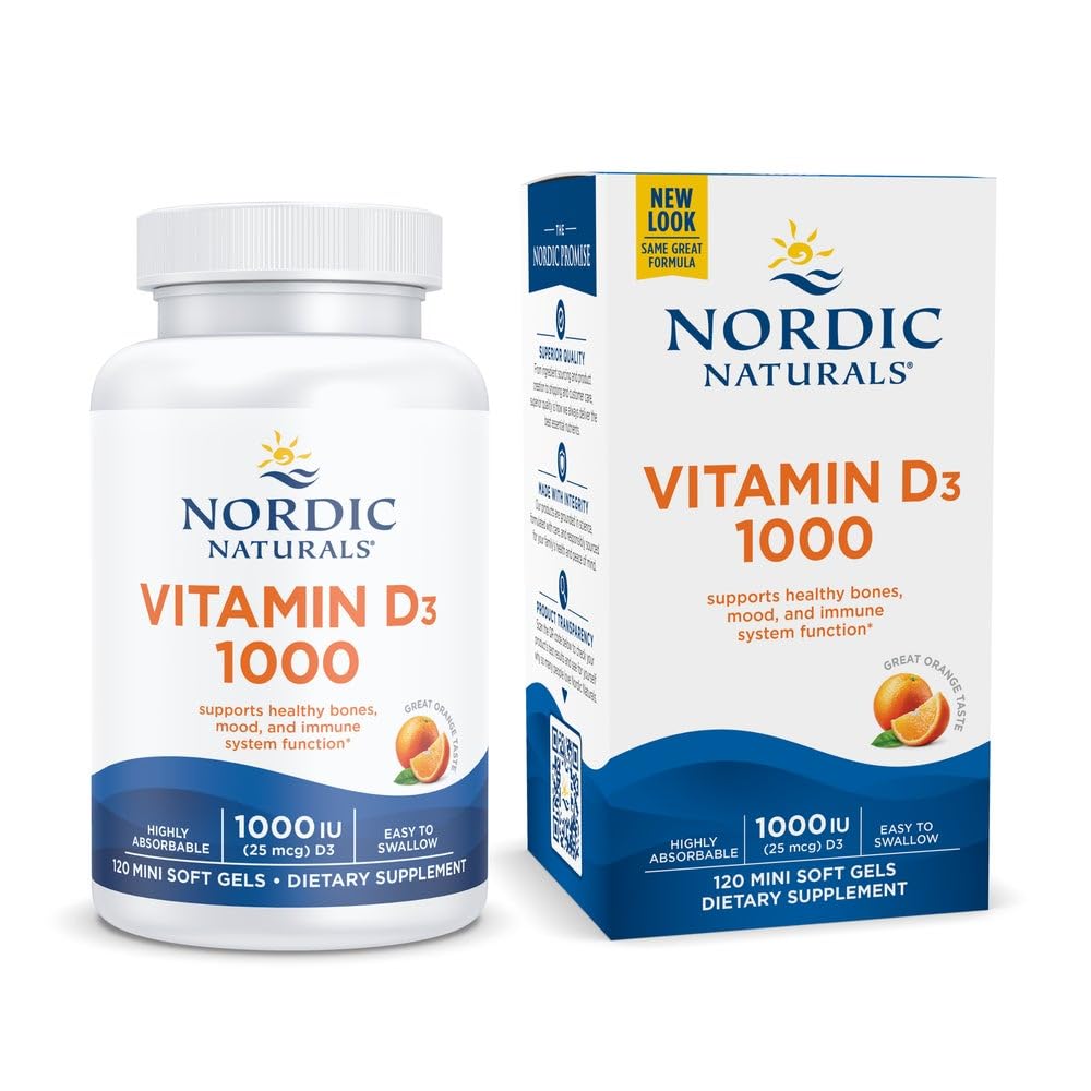 Nordic Naturals Vitamin D3 1000, Orange - 120 Mini Soft Gels - 1000 IE Vitamin D3 - Understøtter sunde knogler, Mood & immunsystem funktion - Non- GMO - 120 Servere