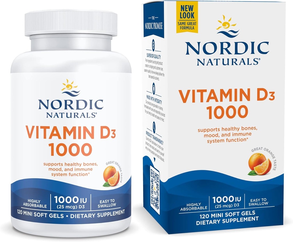 Nordic Naturals Vitamin D3 1000, Orange - 120 Mini Soft Gels - 1000 IE Vitamin D3 - Understøtter sunde knogler, Mood & immunsystem funktion - Non- GMO - 120 Servere
