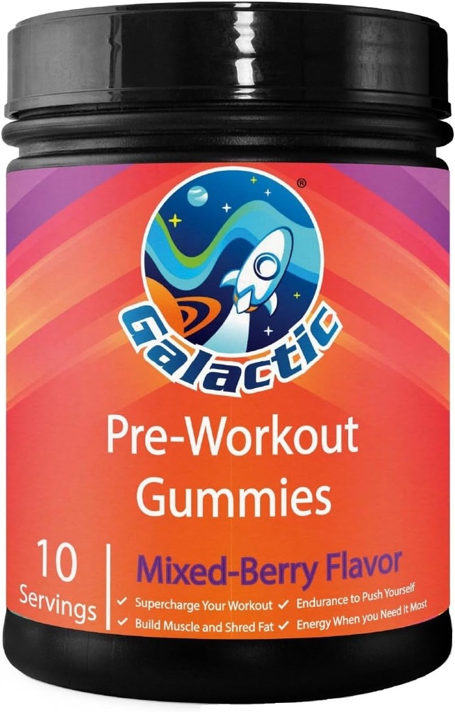 Galactic Pre-Workout Gummies, All Natural, 250mg Caffeine, Beta-Alanine, L-Citrulline, L-Theanine, Chromium Picolinate, 10 Servings