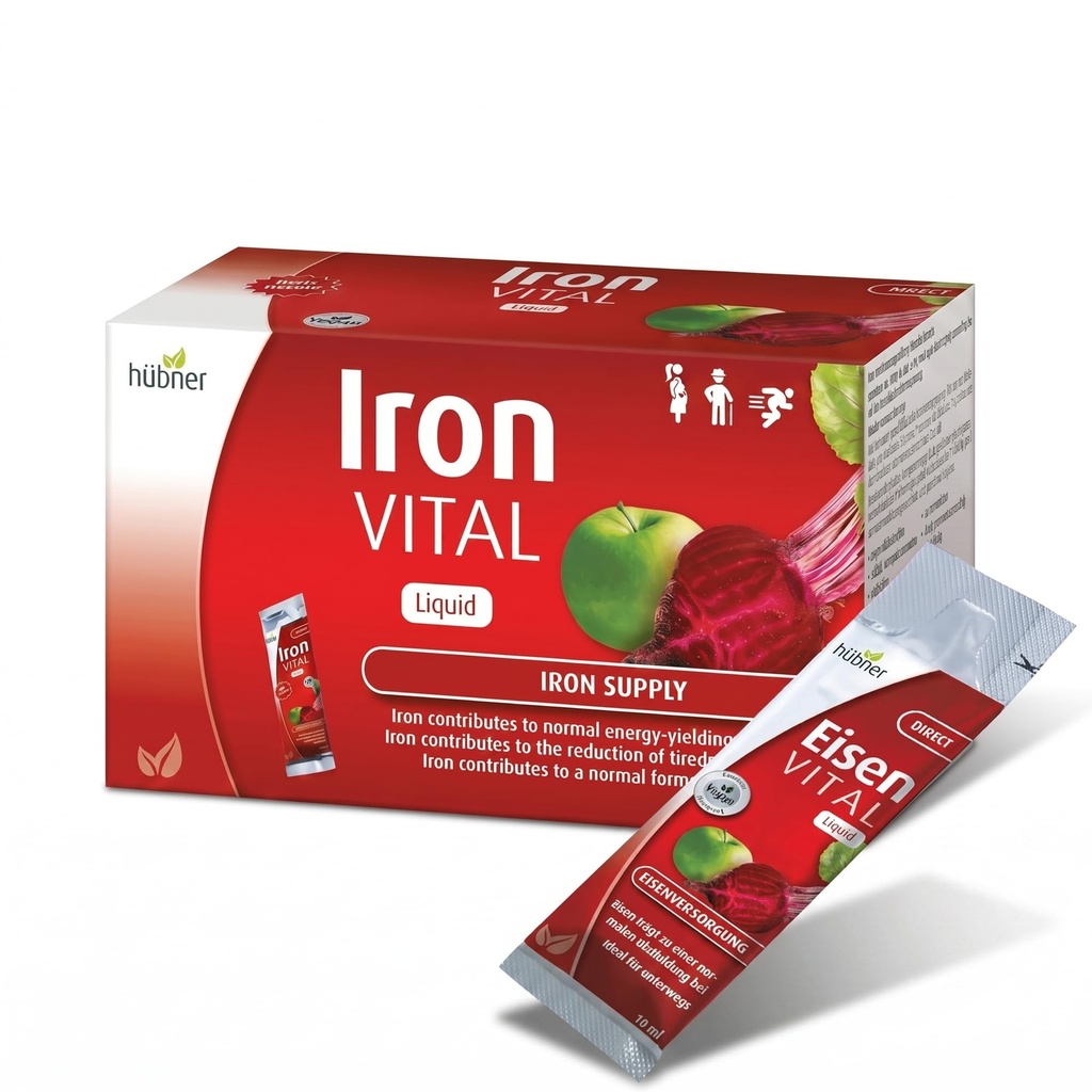 Hübner Iron Vital Liquid Iron Supply Plus C-vitamin, Kosttilskud til voksne og børn, Vegan og Gluten- fri, Frugt Flavor, Box med 20 Pakker, 10 ml hver