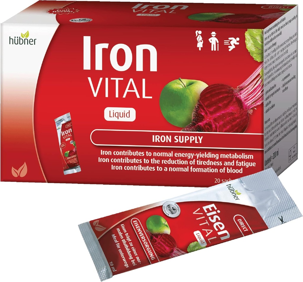 Hübner Iron Vital Liquid Iron Supply Plus Vitamin C, Dietary Supplement for Adults and Kids, Vegan and Gluten-Free, Fruit Flavor, Box of 20 Packets, 10 ml Each