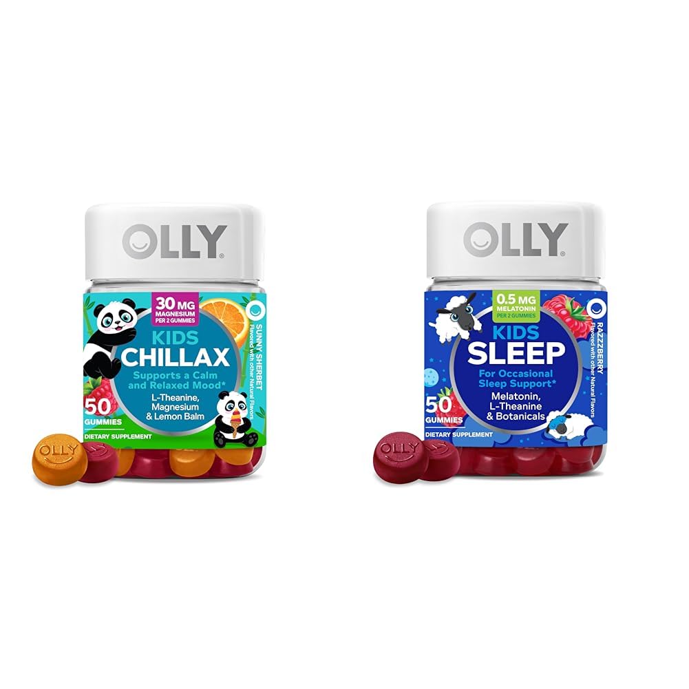 OLLY Kids Chillax Gummies L- Theanin Magnesium Lemon Balm 50 Count & Sleep Gummies 0, 5 mg Melatonin L Theanine Kamille Lemon Balm 50 Count