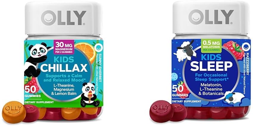 OLLY Kids Chillax Gummies L- Theanin Magnesium Lemon Balm 50 Count & Sleep Gummies 0, 5 mg Melatonin L Theanine Kamille Lemon Balm 50 Count