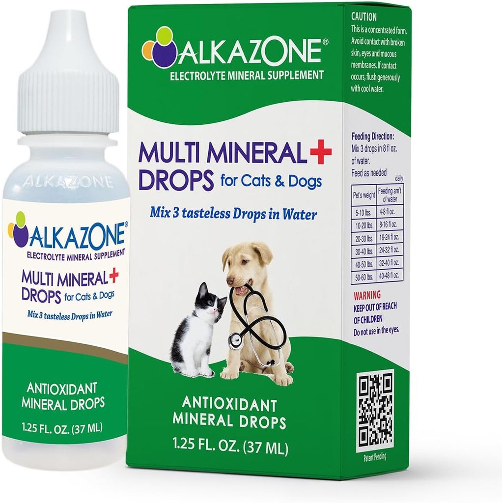 Alkazon Alkaline Multi Mineral Drops til katte og hunde - Dyr er naturligt designet til at være mere alkaline end syre. Deres kroppe kan drage fordel af at bruge alkaline vand til kæledyr med mineraler