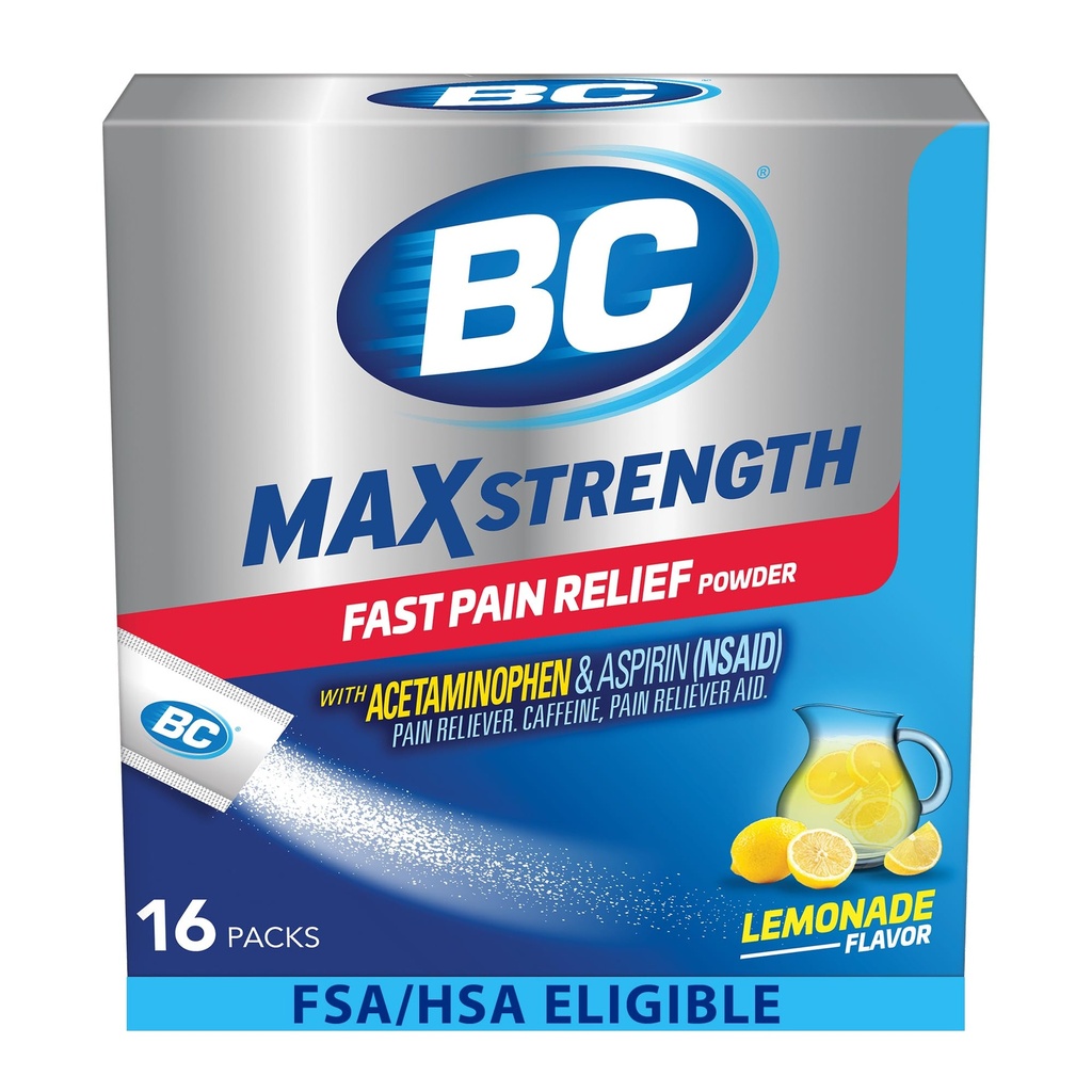 BC MAX Strength Fast Pain Relief Powder, Lemonade Flavor Aspirin 500mg og Acetaminophen 500mg Dissolution Packs, 16 Greve