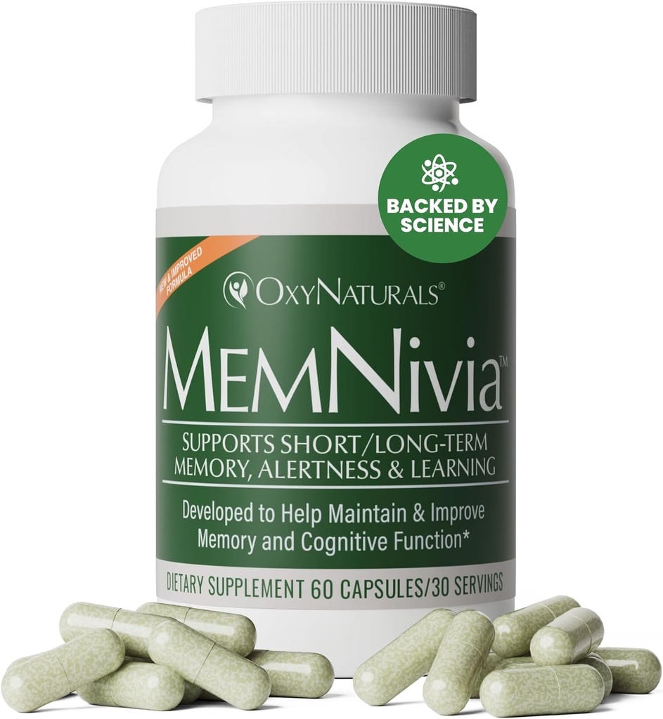 MemNivia Brain Kosttilskud til Memory & Focus; Dual- Sage Stem Cell Formel med Cognivia ®, Bacopa, Holy Basil & Ginger; 124; Klinisk proven Mental Clarity Support 124; 60 Kapsler (1 flaske)