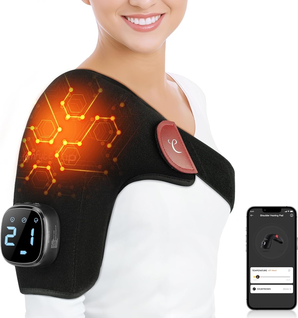 Comfytemp Cordless Shoulder opvarmning Pad til Rotator Cuff Pain Relief, Elektrisk opvarmet Shoulder Brace Wrap App Control Trådløs, Gaver til mor far, 9 Heat 10-30 Timere (No Massage S / M)
