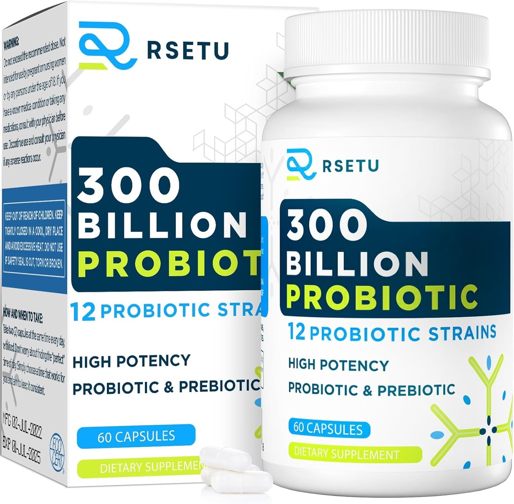 Probiotika for kvinder Mænd: 300 Millioner CFU Probiotisk høj potens + 12 Strops Organic Probiotika med Prebiotika, Daglig Probiotisk tillæg for fordøjelsessygdomme, Gut, Immunsystemet og Bloating Health, 60 Kapsler