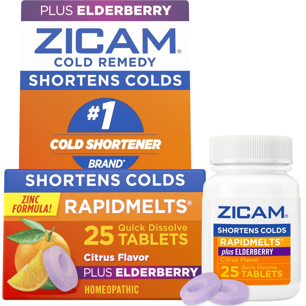 Zicam Cold Remedy Zink RapidMelts, Elderberry Citrus Flavor, Homøopatisk, Cold Shortening Medicine, Shortens Cold Varighed, 25 Greve