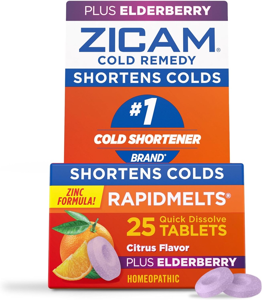 Zicam Cold Remedy Zink RapidMelts, Elderberry Citrus Flavor, Homøopatisk, Cold Shortening Medicine, Shortens Cold Varighed, 25 Greve