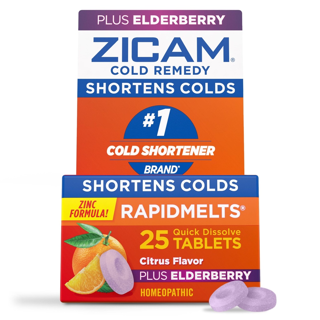 Zicam Cold Remedy Zink RapidMelts, Elderberry Citrus Flavor, Homøopatisk, Cold Shortening Medicine, Shortens Cold Varighed, 25 Greve