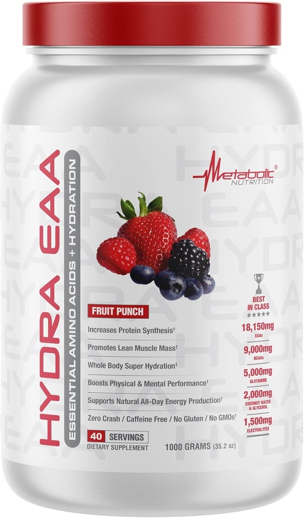 Metabolisk ernæring Hydra EAA, 1000g af essentielle aminosyrer + hydrering, EAA, BCAA, Glutamin, Electorlytes, Coconut Water & Glycerol, Amazing Flavors (Fruit Punch, 1000g)