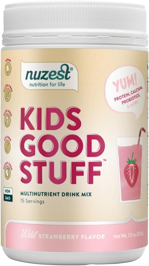 Nuzest - Kids Good Stuff - Vegan Smoothie Mix - Wild Strawberry - Multivitamin Nutritional Supplement Protein Shake - Dairy Free - Support Growth and Development - 225g / 7,9 oz (15 Servere)