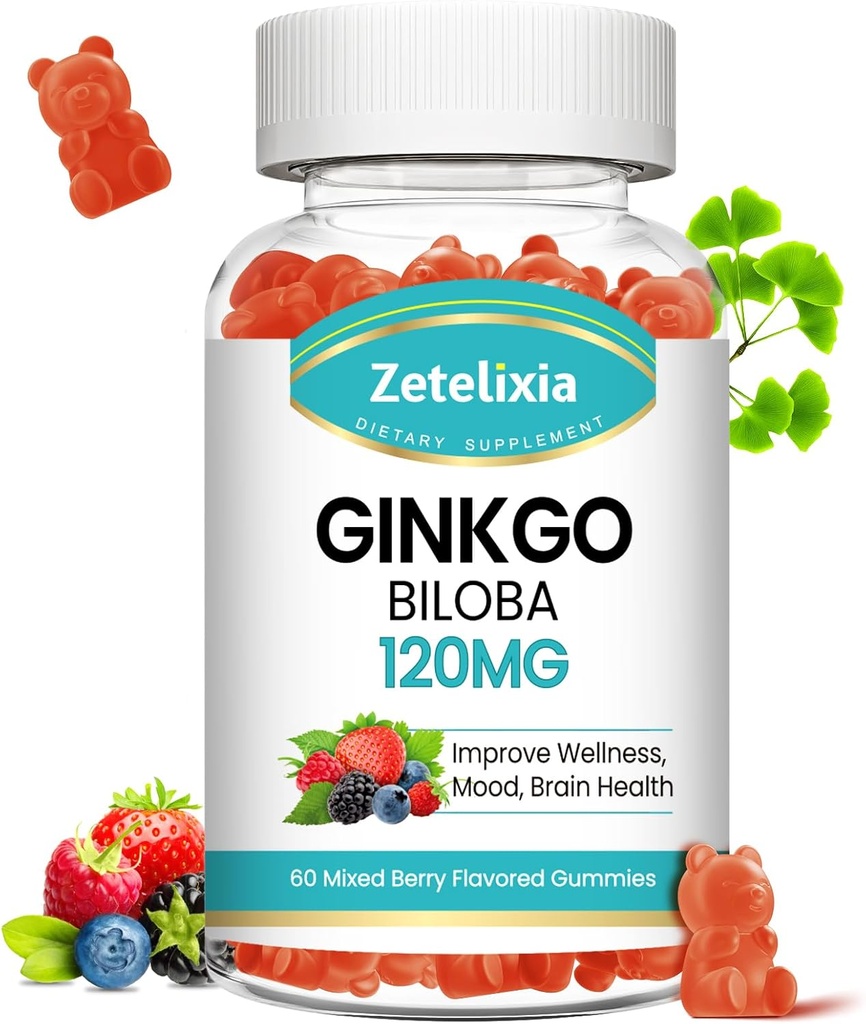 Ginkgo Biloba Gummies for kvinder og mænd, Brain Supplement Forbedre bedre mad og fokus, Vegansk blandet Berry Flavor 60 Greve