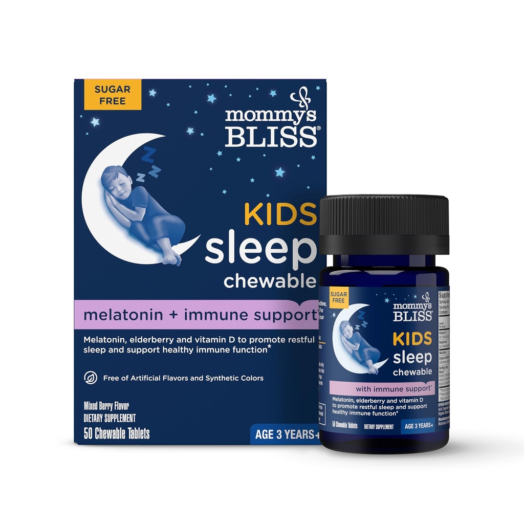 Mors Bliss Kids Sleep + Immunity 1 mg Melatonin Chewable, Indeholder Magnesium, Elderberry, og D-vitamin, sukkerfri, 3 År +, 1 flaske (50 tabletter)