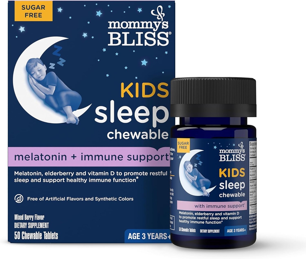 Mors Bliss Kids Sleep + Immunity 1 mg Melatonin Chewable, Indeholder Magnesium, Elderberry, og D-vitamin, sukkerfri, 3 År +, 1 flaske (50 tabletter)