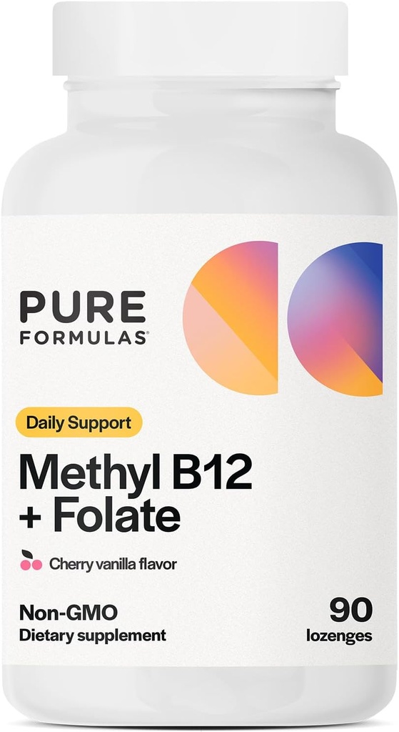 PureFormulas Methyl B12 + Folate Supplement, 1000 mcg Methylerede B12 Supplement, 665 mcg Folate, Cherry Vanilla Flavor, Methylerede vitamin B 12 - non-GMO, 90 Lozenges