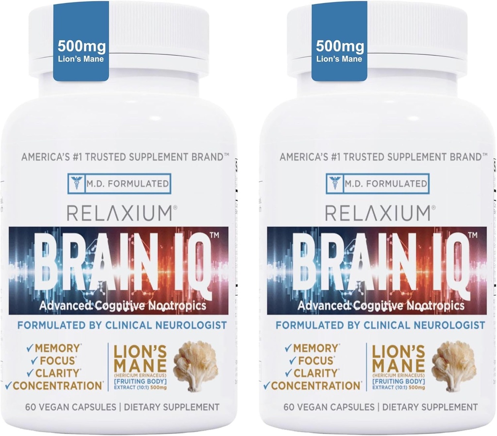 BrainIQ Nootrop Hjerne Kosttilskud til Hukommelse og Fokus 124; Hukommelsestillæg til Hjerne 124; Kognitiv Supplement & Hukommelse Pill med Lions Mane, L- threonin & Coffee Extract - 60 Greve (Pakke af 2)