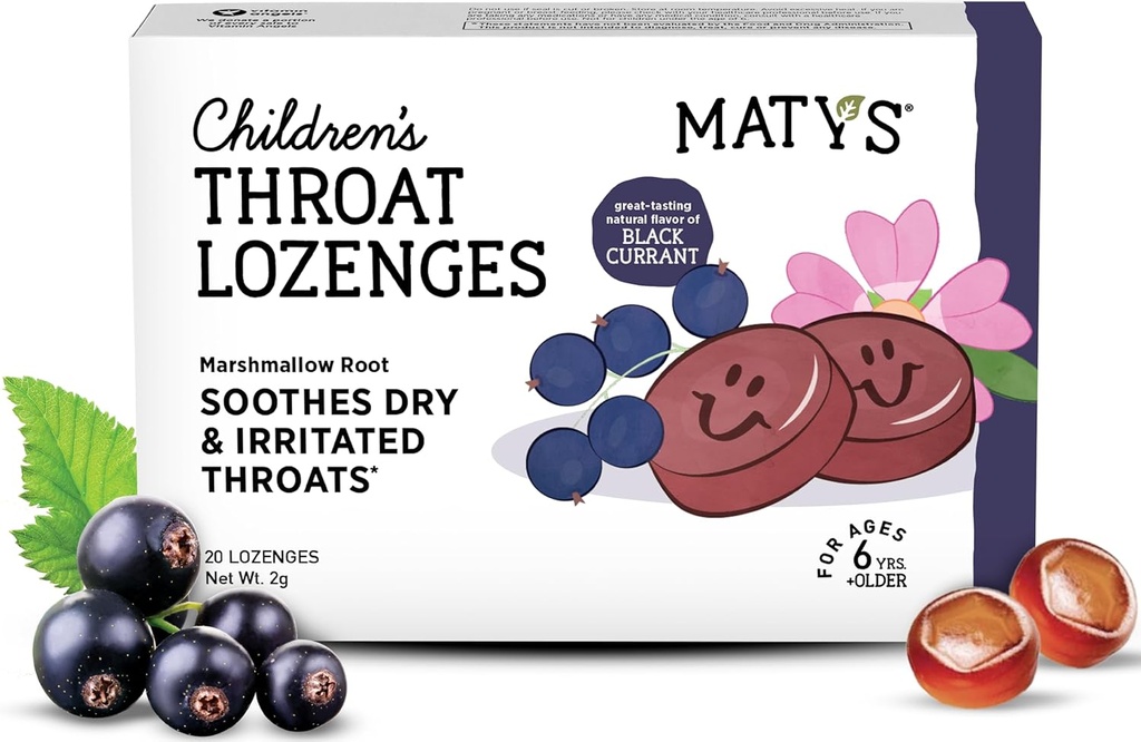 Matys Kids Throat Lozenges for Age 6 Years Old +, Tasty Black Currant Flavor, Sothe Dry & Irriteret Hals & Voices med Marshmallow Root, Sugar Free, Vegan, Dye Free, Alkohol Free, 20 Greve