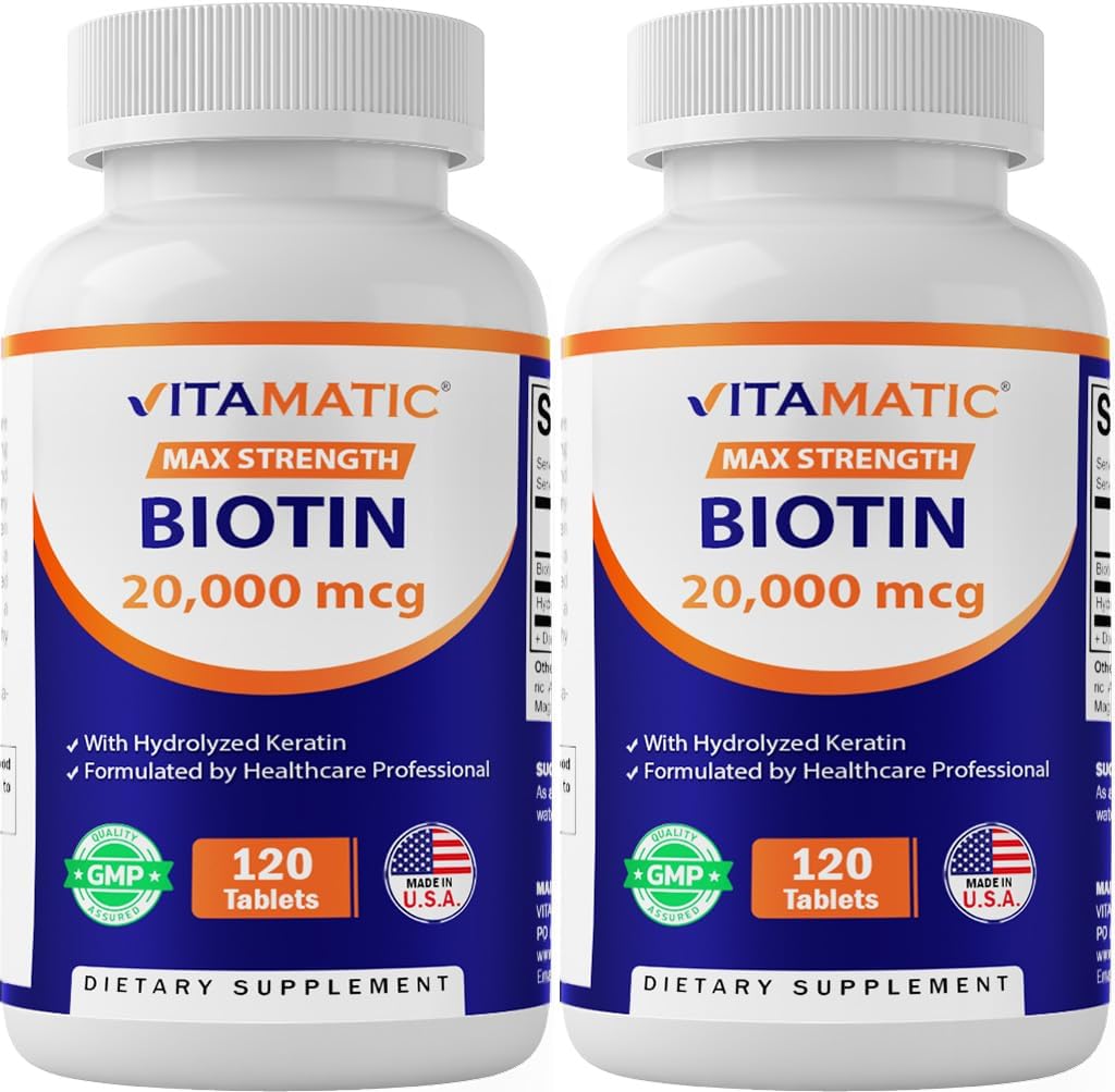 Vitamatisk høj potens Biotin 20000 mcg (20mg) med Keratin 100mg - 120 Vegetariske tabletter - Biotin Kosttilskud til sund hud & negle til voksne (120 Tæl (pakke med 2))