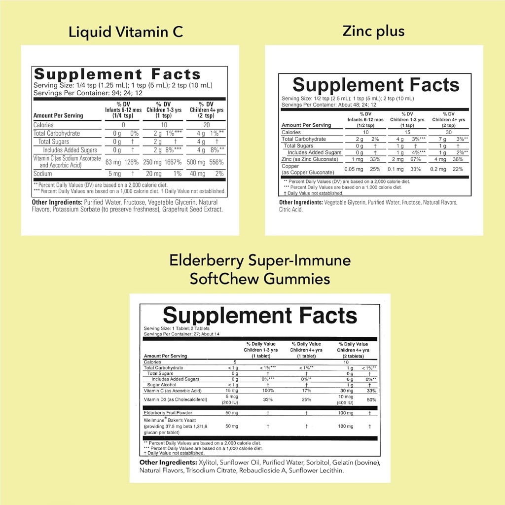 Børns immunforsvar Bundle - Liquid Vitamin C, Elderberry Gummies, og flydende zink til spædbørn, tandlæger, og børn