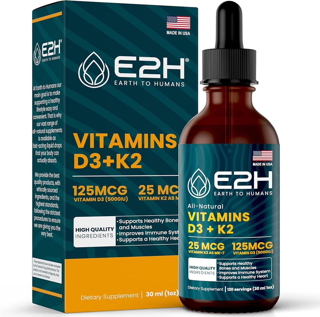 E2H Vitaminer D3 & K2 supplement til immunforsvar - flydende vitamin D3 5000 IE - Lavet i USA - non-GMO, Vegan - 120 Servere
