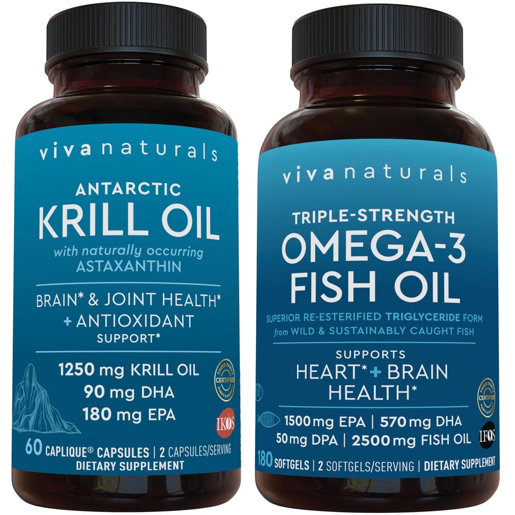 Antarktis Krill Oil og Triple- Strength Omega 3 Fish Oil Bundle, 1250 mg Krill Oil & 2.200 mg Fish Oil Per Servering giver Omega 3 EPA og DHA