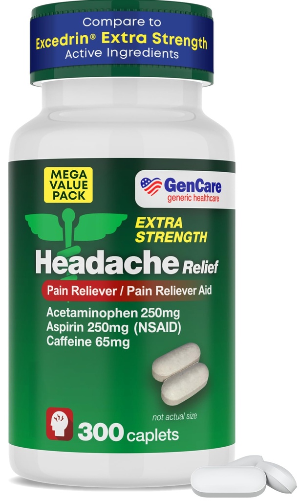 GenCare - Hovedpine Relief Acetaminophen med Aspirin (NSAID) & Koffein (300 Caplets) Værdi Pack- 124; Hovedsmerter, Muskelakker, Rygsmerter & Kropssmerter 124; Generisk Overvægt Ekstra Styrke