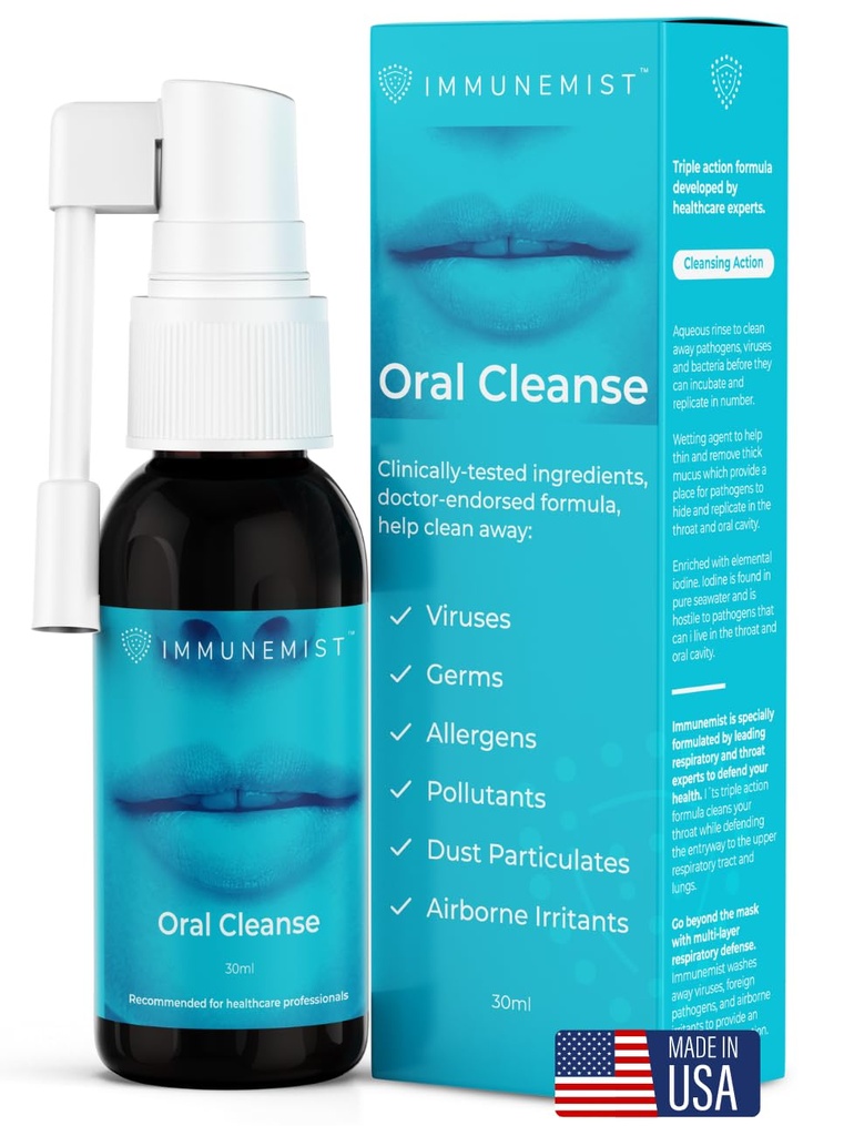 ImmuneMist ™ Oral Cleanse - Jod Throat Spray for Cold & Flu Relief - Oral Sore Throat Spray for Hough, Cleancing Against Bacteria, Germs, Virusser - Immunstøtte op til 250 doser - Made in USA