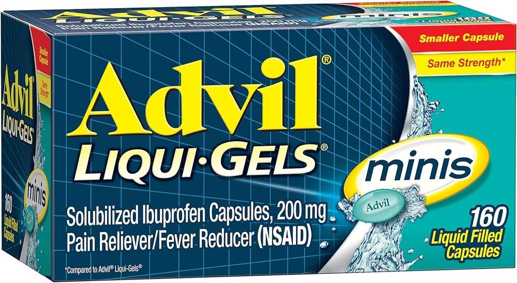 Advil Liqui- Gels Minis Pain Reliever og Feber Reducer, Smertemedicin for voksne med Ibuprofen 200mg for smertelindring - 160 Væske fyldte kapsler