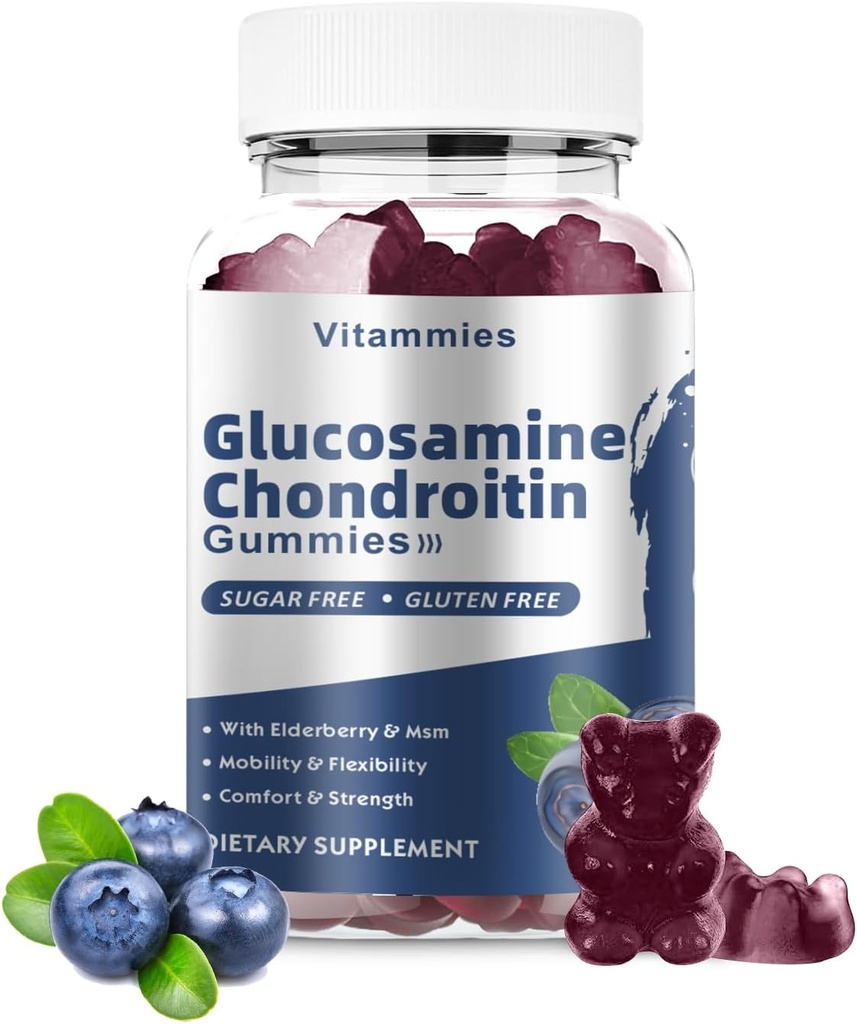 Glucosamin Chondroitin Gummies med MSM & Elderberry Extra Strength - Joint Support, Antioxidant Immunsupport for voksne, Mænd & Kvinder Min, coenzym Q10, DHA- 60 Blueberry Gummies