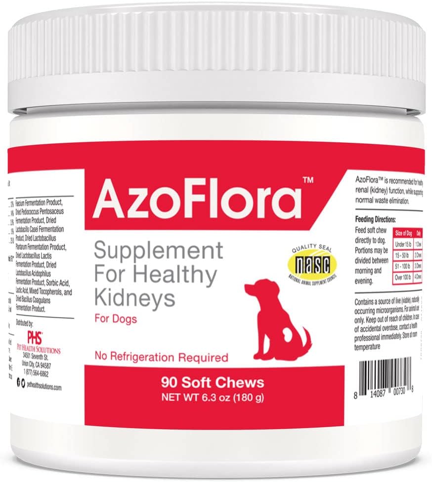 Azoflora Supplement for sunde Nyrer til hunde - Forbedrer nyrefunktionen - Støtte sund urinveje, let at administrere, ingen køling påkrævet, kylling flavor - 90 bløde tygger