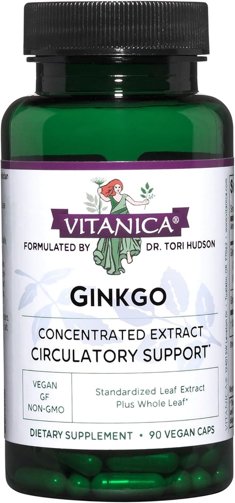 Vitanica Ginkgo - Brain Health Supplement - Understøtter blodgennemstrømning & cirkulation hos kvinder & mænd - Urtetilskud, der bruger Ginkgo Extract & Leaf - Lady - 90 Kapsler
