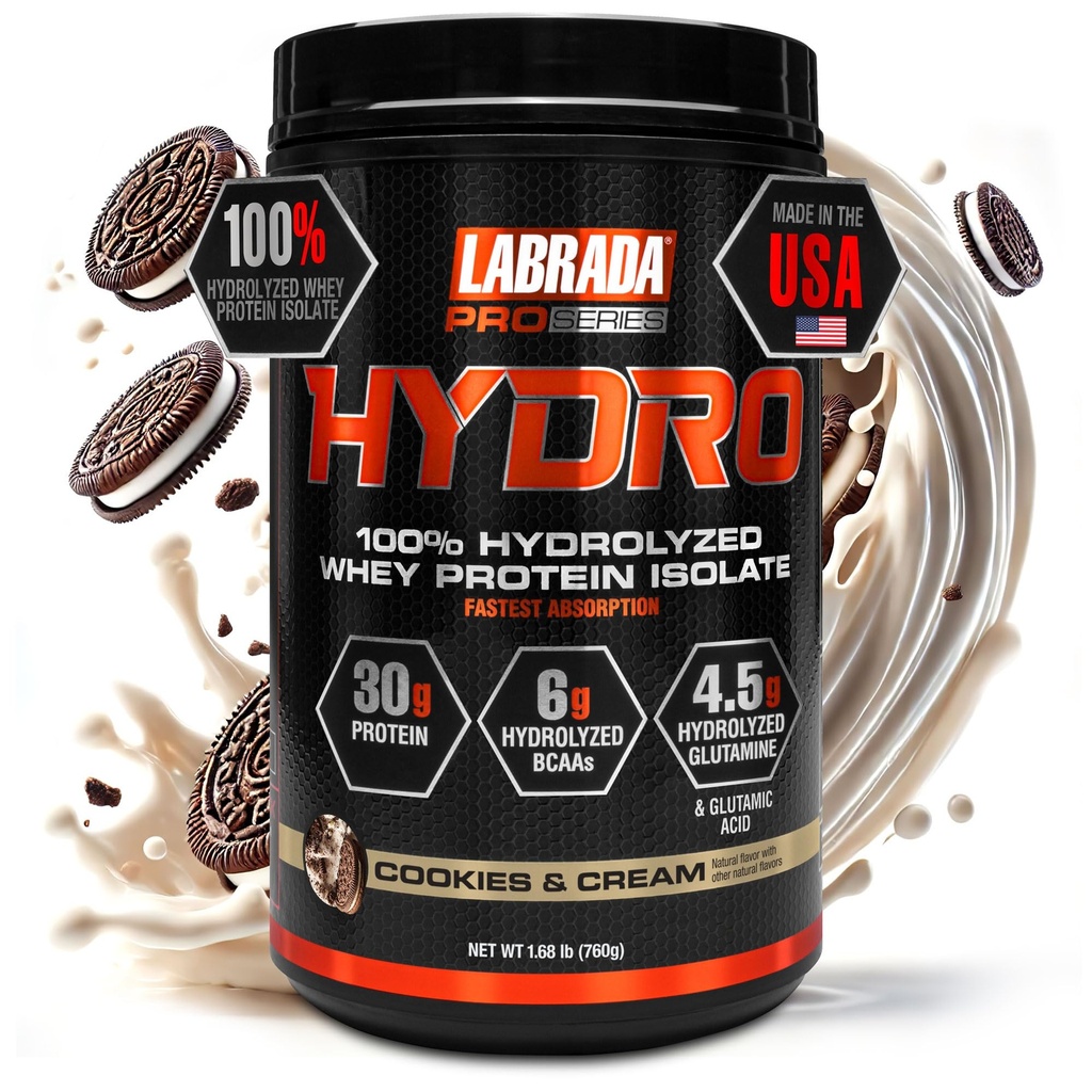 Labrada Hydro 100% Pure Hydrolysed Whey Protein Isolate Powder, Lactose fri, 6g BCAA s, 4.5g Glutamin, Fastest Digesting Whey Tilgængelig, Instant Mixing, Lækker Taste 20 Servere (Cookies & Cream)