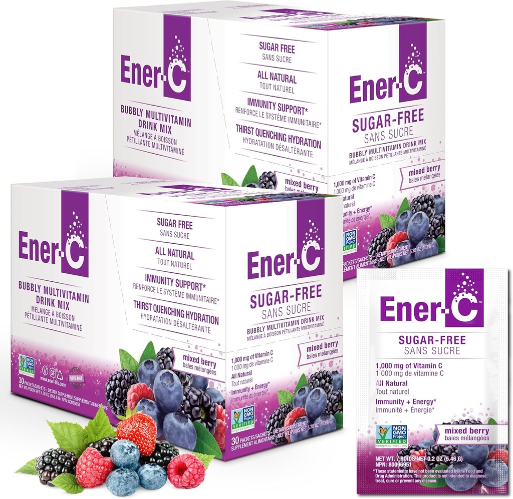 Energi- C Sukker fri Multivitamin Drink Mix - Vitamin pulver til vand, Elektrolytter pulver Ingen sukker, Hydration Boost Pakninger, Zero Sugar, Vitamin C & B12 Supplement Flydende mix - Blandet Berry, 60 Greve