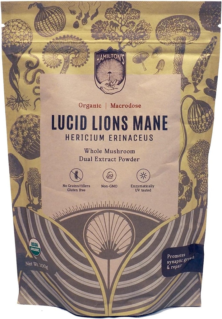 Hamilton 's Lucid Lion' s Mane Buddy 124; Organic Mushroom Extract Powder for Synapse Repair, Nerve vækstfaktor, Focus, Memory, og Koncentrering Buddy 124; High Potency Buddy 124; 30% Beta Glucans Buddy 124; GF, Non- GMO, Vegan (200g)