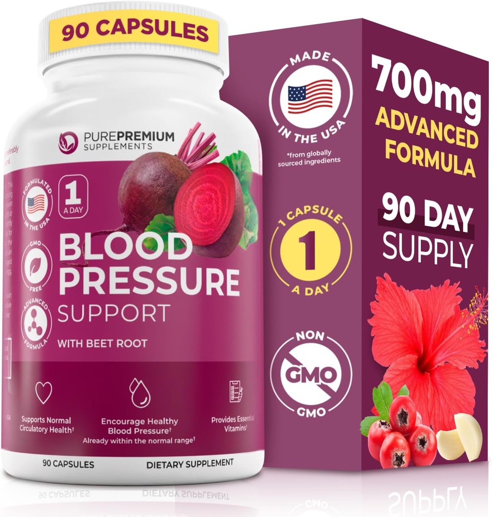 PurePremium Beet Root kapsler til blodtrykssupport - 700mg Advanced Formel med Beetroot Powder, Hawthorn, Hibiscus & hvidløg til normal nitrogenoxid produktion & hjerte sundhed - non-GMO - 90ct